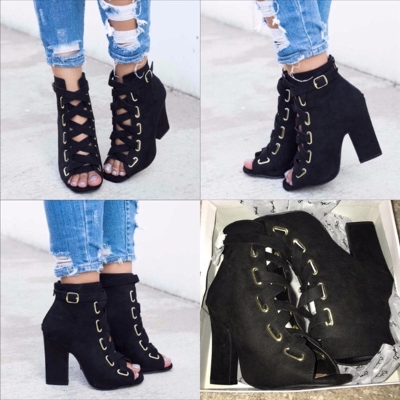 Qupid Shoes - Samantha Meow Booties Lace Up Vegan Suede Heels